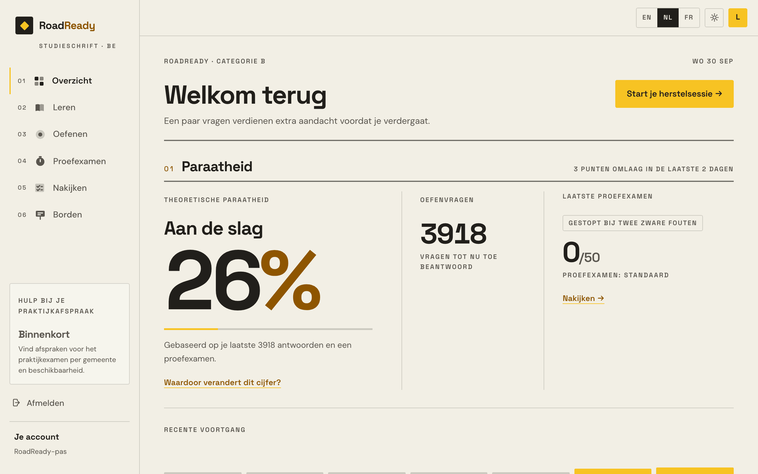 Het Examula-dashboard: de paraatheidsband en het cijfer, en wat je hierna aanpakt