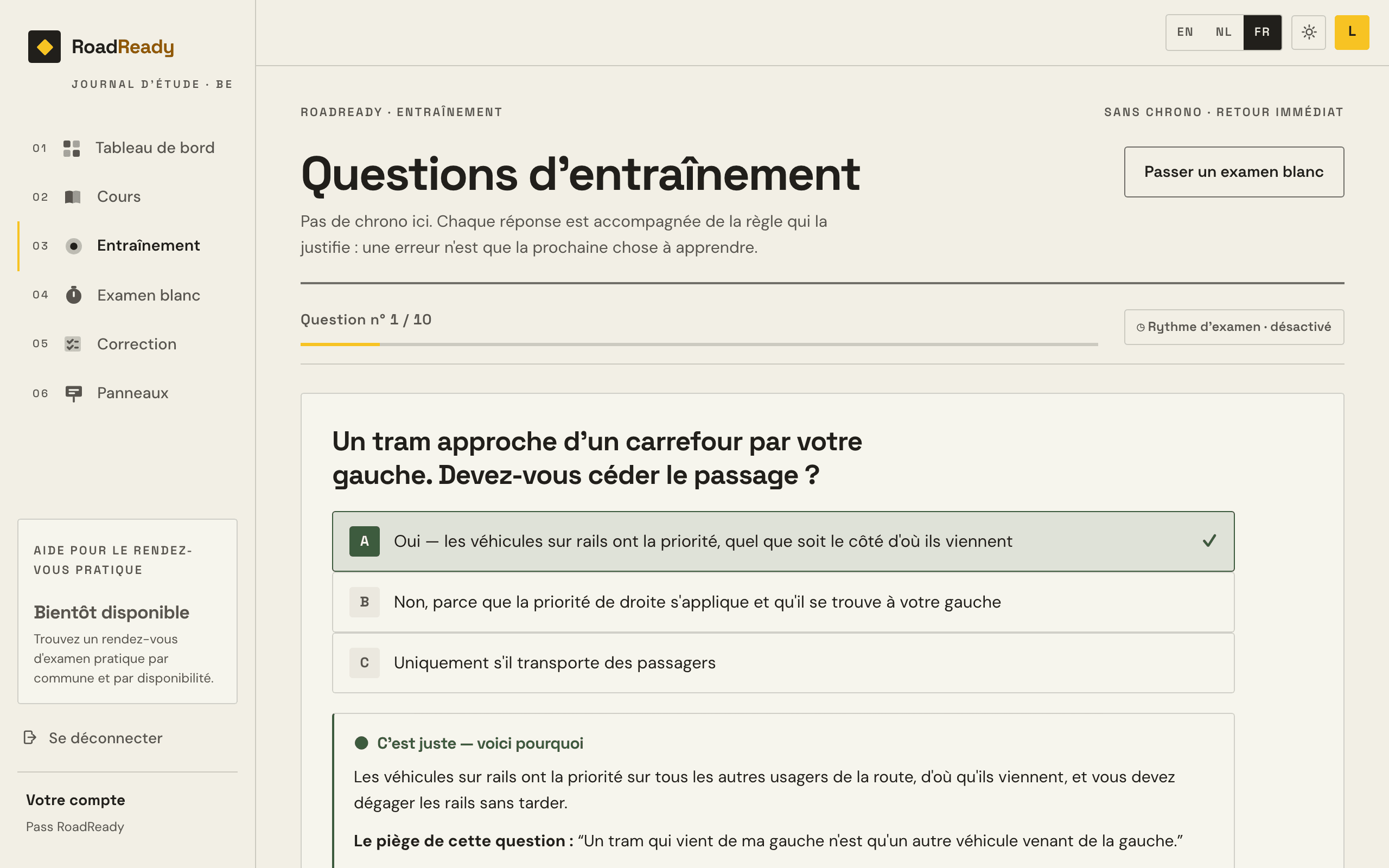 Une question d'entraînement dans Examula avec son image, et l'explication de chaque option