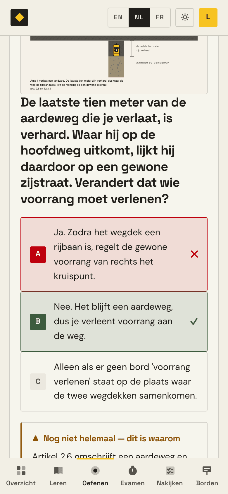 Een oefenvraag in Examula met haar afbeelding, en de uitleg bij elke optie